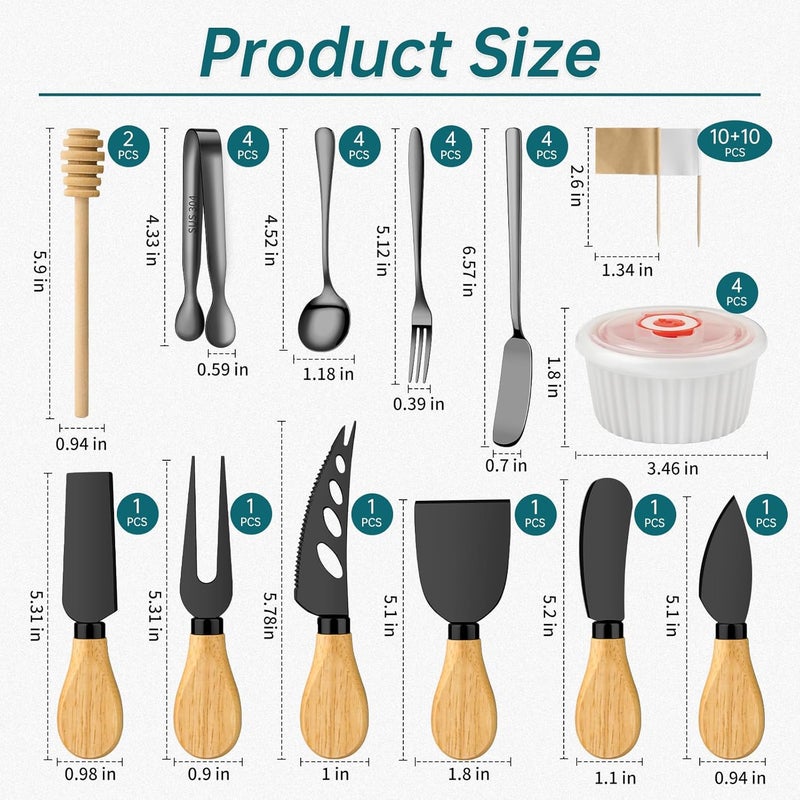ELIMTEC Charcuterie Boards Accessories Bowls, Cheese Knife Set Mini Butter Spreader, Serving Tongs, Forks, Spoons, Dipping Bowls with Lids, Toothpick Flags, Honey Dippers For Party Platter Making (Black) - Image 2